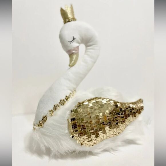Viral Sugarplum Dreams White Elegant Furry Swan With Glitter Accent Wing Crown - Picture 2 of 8
